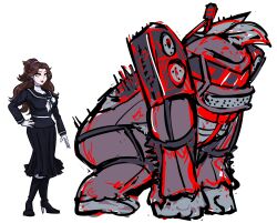 Rule 34 | absurdres, black shirt, black skirt, blue eyes, boots, breasts, brown hair, crossover, donkey kong, donkey kong (1981 game), donkey kong (series), ear piercing, earrings, eyeshadow, gloves, hand on own hip, high heel boots, high heels, highres, jewelry, large breasts, last defense academy school uniform, lipstick, long hair, looking at viewer, makeup, mario (series), mecha, nintendo, pantyhose, pauline (mario), piercing, pleated skirt, ponytail, red eyeshadow, red lips, robot, shirt, skirt, standing, the hundred line -last defense academy-, white background, white gloves, white pantyhose