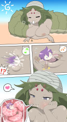 1boy 1girl blue_eyes breasts french_kiss giant giantess green_hair hetero highres kiss large_breasts long_tongue luka_(mon-musu_quest!) mon-musu_quest! nipples nude sandworm short_hair tongue vore