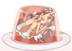 1girl :o angel angel_wings ankle_lace-up beads brown_hair dessert diti_(selecta) duel_monster encasement female_focus fetal_position food full_body gelatin grey_eyes hair_beads hair_ornament happy in_food knees_together_feet_apart long_hair looking_at_viewer madolche_anjelly mini_person minigirl open_mouth pigeon-toed plate pun round_teeth shoes sidelocks simple_background smile solo spoon teeth too_literal very_long_hair w_arms white_background white_shoes wings wrist_cuffs yu-gi-oh!