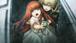 aged_down amane_suzuha amane_suzuha_(beta) ammunition_pouch arm_around_waist black_sash blue_dress blue_eyes blunt_bangs body_armor bow braid breasts brown_hair bulletproof_vest camouflage camouflage_shirt capri_pants child collar_tabs cropped_jacket crying crying_with_eyes_open digital_camouflage dress fg204 floating_hair game_cg green_pants green_shirt hair_rings high_collar highres holding holding_toy huke jacket load_bearing_vest long_hair long_sleeves looking_at_another looking_at_viewer medium_breasts military_combat_uniform military_fatigues military_uniform narrowed_eyes non-web_source official_art open_mouth pants pouch reaching reaching_towards_viewer red_collar_tabs red_hair restrained ringed_eyes sash screaming shiina_kagari shirt short_sleeves shouting soldier steins;gate steins;gate_0 tearing_up tears teeth tongue toy twin_braids twintails upa_(steins;gate) waist_bow waist_sash white_jacket woodland_camouflage yellow_eyes