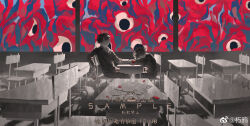 2boys arms_on_table chair chinese_commentary clipboard clown_mask collared_jacket collared_shirt commentary_request crossed_arms desk dress_pants exhausted eyeball formal_clothes full_body greyscale head_on_table highres holding holding_mask horror_(theme) jacket lapels layered_sleeves long_sleeves male_focus mask messy_hair monochrome multiple_boys necktie notched_lapels on_chair original parted_lips petals rose_petals rottencrow school_chair school_desk school_uniform shadow shirt short_hair sitting spot_color suit watermark weibo_watermark