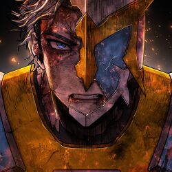 1boy ahn_jiwon_(the_warrior_returns) angry armor blonde_hair blood blood_from_mouth blood_on_face blue_eyes broken_armor highres looking_at_viewer open_mouth solo the_warrior_returns