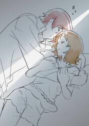 1boy 1girl absurdres blush bob_cut brown_hair closed_eyes couple flirting from_side greyscale hands_on_another&#039;s_arm hands_on_another&#039;s_head hands_on_another&#039;s_shoulders happinesscharge_precure! highres holding holding_another&#039;s_arm hug hug_from_behind long_sleeves looking_to_the_side mature_female medium_hair monochrome oomori_yuuko open_mouth parted_bangs partially_colored phantom_(happinesscharge_precure!) precure red_hair short_hair short_sleeves shorts sleeping sleeping_on_person sleeping_together sunlight wasa7subi