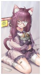 1girl absurdres ahoge animal_ear_fluff animal_ears bandage_over_one_eye bandaged_leg bandages bandaid bandaid_on_cheek bandaid_on_face bandaid_on_leg button_eyes buttons cat_ears cat_tail choker collarbone commentary dress eyelashes fake_horns fallenshadow fanbox_username frills hair_ornament helmet highres holding holding_stuffed_toy horned_helmet horns indie_virtual_youtuber long_hair loose_socks makeup open_mouth pettan_(zeez4743) pill purple_choker purple_eyes purple_hair round_eyewear runny_makeup shadow sign sleeves_past_wrists socks stuffed_toy tail torn_clothes torn_dress virtual_youtuber warning_sign white_socks