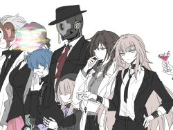 Rule 34 | 3boys, 4girls, black choker, black hair, black hat, black jacket, black shirt, blue hair, brown hair, choker, collared shirt, design speculation, dr. primitive (honkai: star rail), fake facial hair, fake mustache, grey eyes, grey hair, grey shirt, hat, herta (honkai: star rail), honkai: star rail, honkai (series), jacket, long hair, long sleeves, looking at viewer, multiple boys, multiple girls, polka kakamond, purple eyes, robot, ruan mei (honkai: star rail), screwllum (honkai: star rail), shirt, simple background, stephen lloyd (honkai: star rail), suit jacket, tecs117, the herta (honkai: star rail), upper body, white background, white jacket, white shirt