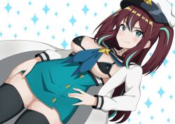 Rule 34 | 1girl, akoya matama, bikini, black bikini, black thighhighs, blue eyes, blush, breasts, brown hair, closed mouth, fang, hand on own hip, hat, highres, kukokoko (ukan2253), large breasts, mahou shoujo ni akogarete, micro bikini, military hat, smile, solo, swimsuit, thighhighs
