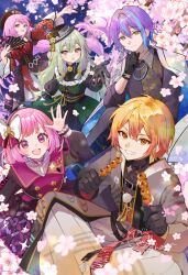 2boys 3girls :d :o acrylic_paint_(medium) black_gloves black_ribbon black_skirt blonde_hair blue_hair breasts buttons check_medium cherry_blossoms closed_mouth commentary_request dango double-breasted earrings flower food frilled_sleeves frills gloves green_hair green_skirt grey_eyes grey_jacket grin hand_fan hand_up hands_up highres holding holding_fan holding_food jacket jewelry kamishiro_rui kusanagi_nene light_smile long_hair long_sleeves looking_at_viewer medium_request megurine_luka mitarashi_dango multicolored_hair multiple_boys multiple_girls neck_ribbon official_alternate_costume ootori_emu open_mouth oppai_loli painting_(medium) pants pink_hair project_sekai puffy_long_sleeves puffy_short_sleeves puffy_sleeves purple_eyes reaching reaching_towards_viewer ribbon short_hair short_sleeves single_earring skirt smile streaked_hair teeth tenma_tsukasa three-quarter_sleeves traditional_media upper_teeth_only v-shaped_eyebrows wagashi white_pants wonderlands_x_showtime_luka yellow_eyes yellow_flower yuyuharu_1027
