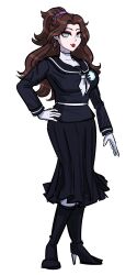Rule 34 | 1girl, black shirt, black skirt, blue eyes, boots, breasts, brown hair, crossover, ear piercing, earrings, eyeshadow, female focus, gloves, hand on own hip, high heel boots, high heels, highres, jewelry, large breasts, last defense academy school uniform, lipstick, long hair, looking at viewer, makeup, mario (series), nintendo, pantyhose, pauline (mario), piercing, pleated skirt, ponytail, red eyeshadow, red lips, shirt, skirt, solo, solo focus, standing, the hundred line -last defense academy-, white background, white gloves, white pantyhose