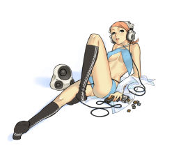 Rule 34 | 1girl, bare shoulders, bikini, black eyes, blue panties, breasts, cleavage, covered erect nipples, dress shirt, feet, female focus, headphones, kaieda hiroshi, knee up, kneehighs, leg up, legs, long legs, medium breasts, music, no bra, non-web source, orange hair, original, panties, pantyshot, shadow, shirt, short hair, simple background, socks, solo, speaker, striped clothes, striped socks, swimsuit, thighs, underboob, underwear, undressing, unworn shirt, white shirt