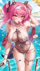 Rule 34 | 1girl, absurdres, bare shoulders, bikini, blush, breasts, criss-cross halter, flower, food, hair ornament, hairband, halterneck, highres, large breasts, layered swimsuit, long hair, looking at viewer, lupa (wuthering waves), pink hair, pool, poolside, popsicle, sash, see-through cleavage, see-through clothes, see-through one-piece swimsuit, shinonome (shinonome rynn), sidelocks, solo, swimsuit, tail, thigh strap, thighs, twintails, white bikini, wolf tail, wristband, wuthering waves, yellow eyes
