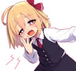 1girl absurdres ahoge black_skirt black_vest blonde_hair bow bright_pupils collared_shirt drooling hair_between_eyes hair_bow highres looking_at_viewer medium_hair mouth_drool necktie open_mouth outline pink_outline red_bow red_eyes red_necktie rumia shirt skirt solo teeth tekina_(chmr) touhou upper_body upper_teeth_only vest white_background white_pupils white_shirt yawning
