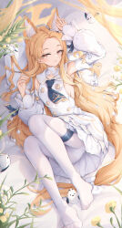 1girl absurdres animal_ear_fluff animal_ears bird blonde_hair blue_archive breasts cross_halo dress ear_wreath extra_ears flower_wreath forehead fox_ears fox_girl gradient_eyes halo highres holster long-tailed_tit long_hair looking_at_viewer multicolored_eyes no_shoes norimori panties panties_under_pantyhose pantyhose pinstripe_pantyhose seia_(blue_archive) sideboob sleeve_bow sleeveless sleeveless_dress solo striped_clothes striped_pantyhose thigh_holster tit_(bird) underwear vertical-striped_clothes vertical-striped_pantyhose white_bird white_dress yellow_halo