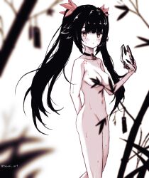 Rule 34 | 1girl, absurdres, arm behind back, bell, black choker, blunt bangs, blush, branch, breasts, choker, closed mouth, completely nude, convenient censoring, embarrassed, feet out of frame, fox mask, groin, hair flaps, highres, holding, holding mask, honkai: star rail, honkai (series), long hair, looking at viewer, mask, medium breasts, navel, neck bell, nude, orange eyes, sidelocks, solo, sparkle (honkai: star rail), standing, sweat, symbol-shaped pupils, takumi (user xmwf4727), twintails, twitter username, very long hair, x-shaped pupils