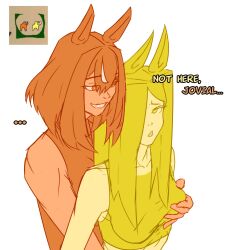 ... 2girls animal_ears assertive_female bare_shoulders blonde_hair bob_cut breasts collarbone colored_skin commentary commentary_typo english_commentary english_text grabbing_another&#039;s_breast grabbing_from_behind grin groping hair_between_eyes hair_over_one_eye half-closed_eyes highres horse_ears horse_girl horse_race_tests inverted_bob ipol jovial_merryment lightning_strikes_thrice long_hair long_sidelocks looking_at_another medium_breasts multiple_girls orange_eyes orange_hair orange_skin orange_tank_top parted_bangs short_hair sidelocks simple_background single_hair_streak smile spoken_ellipsis sports_bra sportswear talking tank_top triangle_mouth white_background yellow_eyes yellow_skin yellow_sports_bra yuri