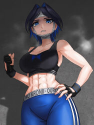 1girl abs alternate_costume bandaged_head bandages black_gloves black_hair black_sports_bra blue_eyes blue_hair blue_pants breasts cahryos cleavage clenched_hand colored_inner_hair fingerless_gloves gloves highres hololive hololive_english large_breasts multicolored_hair ouro_kronii pants solo sports_bra sportswear sweat toned toned_female two-tone_hair virtual_youtuber