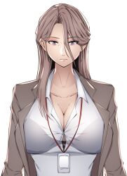1girl bra bra_visible_through_clothes breasts brown_hair brown_jacket cleavage closed_mouth collarbone collared_shirt female_focus hair_between_eyes highres id_card jacket koe_no_katachi lanyard long_hair long_sleeves looking_at_viewer mature_female nishimiya_yaeko purple_eyes shirt simond_j solo transparent_background underwear white_shirt