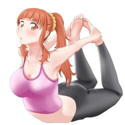 alternate_hairstyle arched_back ass barefoot black_leggings blunt_bangs blush breasts camisole cleavage commentary flexible girls_und_panzer hair_ornament hair_scrunchie hair_up highres holding_legs large_breasts leggings lying mahiro_sound medium_breasts midriff on_stomach open_mouth orange_eyes orange_hair pink_camisole ponytail scrunchie sidelocks simple_background takebe_saori white_background yellow_scrunchie yoga