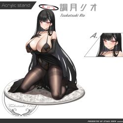 1girl alternate_breast_size arm_under_breasts armpits ass bare_shoulders black_gloves black_hair black_panties blue_archive blunt_bangs blush bra breasts choker cleavage closed_mouth collarbone commentary dress earrings elbow_gloves english_commentary evening_gown full_body gloves hair_ornament high_heels highres jewelry jinpaitugounan kneeling large_breasts long_hair looking_at_viewer panties panties_under_pantyhose pantyhose red_eyes rio_(blue_archive) thighband_pantyhose underwear very_long_hair