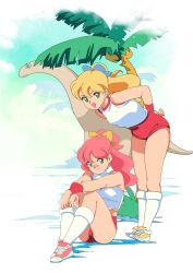 Rule 34 | 2girls, absurdres, arms behind back, arms on knees, blonde hair, blue bow, blue eyes, blue sky, bow, buruma, closed mouth, cloud, commentary request, crossed wrists, daina airan, dinosaur, full body, green eyes, gym shirt, gym uniform, hair between eyes, hair bow, highres, itou angie, itou emily, kneehighs, leaning forward, legs together, long hair, looking at viewer, multiple girls, open mouth, outdoors, palm tree, pink hair, ponytail, red buruma, red shoes, red sweatband, red trim, sauropod, shimadai587779, shirt, shirt tucked in, shoes, siblings, sisters, sitting, sky, sleeveless, sleeveless shirt, smile, sneakers, socks, standing, sweatband, thighs, tree, turtleneck, turtleneck shirt, twins, wavy hair, white shirt, white socks, yellow shoes