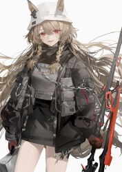1girl absurdres animal_ears arknights arm_pouch black_jacket black_skirt braid breasts briefcase brown_hair bucket_hat ceobe_(arknights) ceobe_(unfettered)_(arknights) chain commentary cowboy_shot dog_ears dog_girl dog_tail ears_through_headwear english_commentary floating_hair gloves hair_between_eyes hat highres holding holding_briefcase holding_staff jacket long_hair looking_at_viewer luozhou_pile medium_breasts miniskirt official_alternate_costume open_clothes open_jacket open_mouth orange_eyes orca_hair_ornament pencil_skirt red_gloves side_braids simple_background skirt smile solo staff standing tail twin_braids very_long_hair white_background white_hat