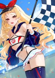 1girl azur_lane bare_shoulders black_panties blonde_hair blue_jacket blue_sky blue_thighhighs blurry blurry_background bow checkered_flag commentary_request commission confetti crop_top cropped_jacket day fang flag flat_chest hair_bow highleg highleg_panties highres holding holding_flag jacket jenkins_(azur_lane) looking_at_viewer microskirt mixed-language_commentary navel off_shoulder panties partially_unzipped race_queen red_bow red_eyes short_bangs skeb_commission skin_fang skindentation skirt sky solo thighhighs thighs underwear visor_cap white_skirt yamaha_tsui