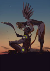 1boy 1girl armor bad_id bad_pixiv_id bent_over blonde_hair closed_eyes couple cyborg from_side full_body genji_(overwatch) hage2013 halo hetero highres hug hug_from_behind lotus_position mechanical_halo mechanical_wings mercy_(overwatch) neon_trim outdoors overwatch overwatch_1 pelvic_curtain ponytail power_armor power_suit sae_(revirth) scarf short_ponytail sitting standing sunset wings