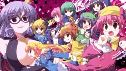 10s 6+girls :p akechi_kokoro arsene black_hair blonde_hair blue_eyes blush bow breasts brown_eyes brown_hair candy cordelia_glauca domino_mask food green_eyes green_hair hair_bow hasegawa_hirano hat henriette_mystere hercule_barton huge_breasts lollipop long_hair mask multiple_girls pink_bow pink_hair police police_uniform purple_eyes purple_hair sherlock_shellingford short_hair smile tantei_opera_milky_holmes tongue tongue_out tooyama_saku twintails utsurogi_angu yuzurizaki_nero zenigata_tsugiko