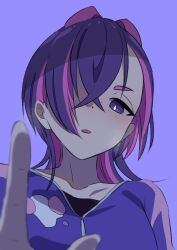 1girl blush dot_(pokemon) hair_over_one_eye highres jacket long_hair long_sleeves multicolored_hair nintendo open_mouth pink_hair plus_ta pokemon pokemon_(anime) pokemon_horizons purple_background purple_eyes purple_hair shirt simple_background upper_body