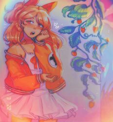Rule 34 | 1girl, blonde hair, blush, borrowed character, bow, breasts, cleavage, collarbone, commentary, cowboy shot, cudlil (character), dress, english commentary, food, fruit, hair behind ear, hair ribbon, hand on own cheek, hand on own face, heart, highres, jacket, medium breasts, missoatss, open mouth, original, plant, ponytail, red bow, red eyes, red jacket, red ribbon, ribbon, solo, strawberry, timestamp, vines, white dress