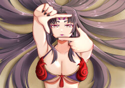 1girl absurdres alternate_costume bikini black_hair breasts buka99hiraku cleavage commentary commission english_commentary facial_mark fate/grand_order fate_(series) forehead_mark highres large_breasts long_hair looking_at_viewer lying mature_female multicolored_eyes on_back parted_lips purple_lips sand sidelocks solo swimsuit taira_no_kagekiyo_(fate) taira_no_kagekiyo_(third_ascension)_(fate) upper_body ushiwakamaru_(fate)
