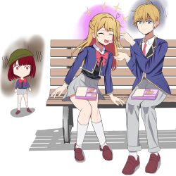 1boy 2girls absurdres arima_kana bench bento bob_cut happy highres hoshino_aquamarine hoshino_ruby multiple_girls oshi_no_ko school_uniform self-upload sitting star-shaped_pupils star_(symbol) staring surprised symbol-shaped_pupils thousand traumatized yard yissou_art youtou_high_school_uniform