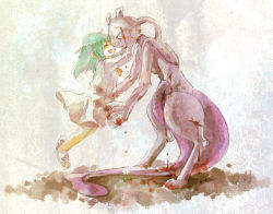 1girl ambertwo_(pokemon) artist_request blood blue_hair child closed_eyes cuts dress flower forehead-to-forehead gen_1_pokemon green_hair heads_together injury legendary_pokemon mewtwo nintendo open_mouth painting_(medium) pokemon pokemon:_the_first_movie_-_mewtwo_strikes_back pokemon_(anime) pokemon_(classic_anime) pokemon_(creature) sandals sekimo smile tail thighhighs traditional_media watercolor_(medium)