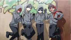 Rule 34 | black eyes, black gloves, black hair, black shirt, blood, blood on clothes, blood on face, bocchi the rock!, c1grhin, cry of fear, drop shadow, dual persona, expressionless, faceless, fingerless gloves, gloves, graffiti, grey hoodie, grin, hair over one eye, hand in pocket, holding another&#039;s arm, holding hands, hood, hood up, hoodie, jumping, looking at viewer, multiple views, shaded face, shirt, shoes, short hair, simon henriksson, simon henriksson (book), smile, sneakers, sunlight, worried