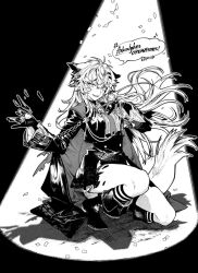 1girl animal_ears arknights beamed_eighth_notes boots cape commentary_request confetti copyright_name eighth_note full_body gloves greyscale hair_between_eyes hair_ornament hairclip jacket knee_boots kyo_zip lappland_(arknights) lappland_the_decadenza_(arknights) long_hair long_sleeves looking_at_viewer material_growth monochrome musical_note on_one_knee oripathy_lesion_(arknights) shadow skirt smile solo speech_bubble spotlight tail wolf_ears wolf_girl wolf_tail