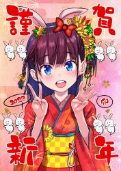 1girl 2023 :3 absurdres animal_ear_hairband animal_ears bad_source blue_eyes brown_hair checkered_sash chinese_zodiac commentary_request fake_animal_ears finger_counting floral_print floral_print_kimono flower hair_flower hair_ornament hairband highres japanese_clothes kimono long_hair looking_at_viewer obi open_mouth original pink_background print_kimono rabbit rabbit_ear_hairband rabbit_ears red_kimono sash smile solo teeth translation_request upper_body upper_teeth_only wakana_hanabi year_of_the_rabbit yellow_sash