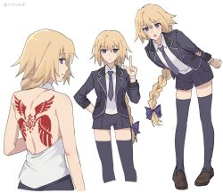 1girl :o back back_tattoo black_shoes blonde_hair blue_eyes blue_jacket blue_necktie blue_thighhighs braid commentary_request fate/apocrypha fate_(series) from_behind highres jacket jeanne_d&#039;arc_(fate) leaning_forward long_braid long_hair looking_at_viewer multiple_views necktie nekwnek pointing pointing_up shirt shoes single_braid tattoo thighhighs thighs twitter_username white_shirt