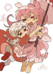 2girls :d :o apron belt bloomers bow bowtie brown_belt bubble_skirt cherry cherry_blossom_cookie cherry_cookie chinese_commentary collared_shirt commentary_request cookie_run cropped_legs double_bun dress flower food frilled_umbrella frills fruit full_body hair_between_eyes hair_bun highres holding holding_umbrella hood hood_up hooded_dress humanization juliet_sleeves long_hair long_sleeves looking_at_viewer low_twintails medium_hair multiple_girls open_mouth panties pink_hair pink_skirt puffy_short_sleeves puffy_sleeves red_dress red_eyes red_shoes red_umbrella shirt shoes short_sleeves siblings simple_background sisters skirt smile standing twintails ulylus_(lubangdeshouzhang) umbrella underwear white_apron white_background white_bloomers white_bow white_bowtie white_hair white_panties white_shirt