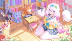 1girl absurdres blue_eyes blue_hairband blue_skirt cardigan chinese_commentary closed_mouth glasses hairband heart heart_hands highres indoors long_hair looking_at_viewer low_twintails miniskirt ningmeng_jing_jing_jing_jing original pantyhose pink_hair plaid_clothes plaid_skirt pleated_skirt round_eyewear shirt sitting skirt smile solo stuffed_animal stuffed_toy twintails very_long_hair wariza white_pantyhose white_shirt yellow_cardigan