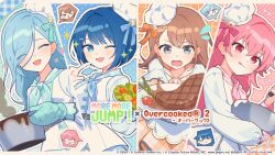 4girls :q blue_background blue_neckerchief border bowl brown_hair chestnut_mouth chibi commentary_request cooking_pot copyright_notice emphasis_lines flying_sweatdrops grey_eyes grid_background hanasato_minori hat highres hinomori_shizuku holding holding_bowl holding_cooking_pot holding_plate jacket kiritani_haruka long_sleeves looking_at_viewer mini_hat momoi_airi more_more_jump!_(project_sekai) multiple_girls neckerchief official_art one_eye_closed open_mouth orange_background orange_skirt outline oven_mitts pink_background pink_eyes pink_hair pink_neckerchief plaid_background plaid_clothes plaid_skirt plate pleated_skirt pointing pointing_at_self polka_dot polka_dot_background project_sekai salad signature skirt smile sparkle speech_bubble thighhighs tongue tongue_out upper_body waka_(wk4444) white_jacket