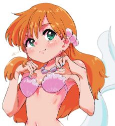 1girl bare_shoulders bikini blush breasts closed_mouth earrings eyelashes female_focus green_eyes h_renah hair_ornament jewelry long_hair looking_at_viewer mermaid mermaid_misty_(pokemon) misty_(pokemon) monster_girl nail_polish navel necklace nintendo orange_hair pearl_hair_ornament pokemon pokemon_(anime) pokemon_(classic_anime) pokemon_rgby shell shell_bikini smile solo swimsuit upper_body