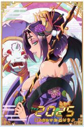 Rule 34 | 1girl, 2025, bare shoulders, black hair, black wings, breasts, chinese zodiac, demon girl, demon horns, demon wings, digimon, digimon (creature), eyeshadow, facial mark, forehead mark, green eyes, hair between eyes, highres, holding, holding umbrella, horns, japanese clothes, kimono, large breasts, lilithmon, makeup, medium hair, multiple wings, new year, pointy ears, purple eyeshadow, purple kimono, purple lips, sandiramon, single horn, snake, solo, teng zhai zi, translation request, umbrella, upper body, wings, year of the snake