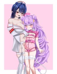 2girls animal_ears blue_hair blush breasts collarbone cow_ears cow_tail dizzy_dokuro double_bun equus_ignis flat_chest gloves grin hair_bun hat highres horns large_breasts looking_at_viewer mole multiple_girls muu_muyu navel nurse_cap open_mouth panties phase_connect pink_background pink_eyes purple_hair red_eyes side-tie_panties size_difference smile standing syringe tagme tail thigh_strap underwear virtual_youtuber
