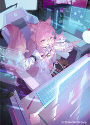 1girl animal_ear_fluff animal_ears antenna_hair arm_strap black_skirt braid braided_bun brown_pantyhose chair coat collared_shirt commentary_request company_name computer_keyboard copyright_notice coyote cpu crown_braid desk_lamp fang from_above gaming_chair glasses hair_bun hakui_koyori hakui_koyori_(1st_costume) holographic_interface hololive indoors kokoro_(hakui_koyori) lamp long_hair long_sleeves monitor necktie official_art open_mouth ozyako pantyhose pen pink_hair pink_nails pink_necktie purple_eyes red-framed_eyewear shirt skirt smile solo swivel_chair tail test_tube virtual_youtuber white_coat white_shirt wolf_ears wolf_tail