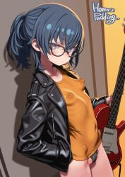 1girl alice_gear_aegis artist_name black-framed_eyewear black_jacket black_panties blue_hair breasts cameltoe closed_mouth covered_erect_nipples covered_navel glasses guitar highres holding holding_guitar holding_instrument instrument itokura_neo jacket leather leather_jacket looking_at_viewer panties ponytail puddinghomhom purple_eyes signature small_breasts solo underwear