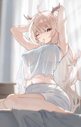 1girl ahoge armpits arms_behind_head backlighting bed_sheet bloom blurry blurry_background blurry_foreground blush breasts camisole character_request chest_of_drawers chromatic_aberration cleavage closed_mouth commentary covered_erect_nipples crop_top crop_top_overhang curtains day depth_of_field english_commentary full_body hair_tie_in_mouth half-closed_eyes highres horns indie_virtual_youtuber indoors large_breasts light_rays long_hair looking_at_viewer midriff mouth_hold navel no_bra on_bed one_eye_closed pink_hair pink_pupils purple_eyes see-through_cleavage see-through_clothes shorts sidelocks sitting solo sunbeam sunlight very_long_hair virtual_youtuber wariza watanab1019 wavy_hair white_camisole white_shorts