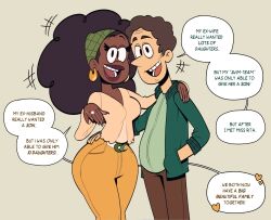 1boy 1girl black_hair brown_hair brown_pants dark-skinned_female dark_skin earrings english_text green_jacket grey_background highres jacket jewelry long_hair looking_at_viewer lynn_loud_sr mahmapuu open_clothes open_jacket open_mouth pants rita_bloud short_hair simple_background speech_bubble teeth the_bloud_house the_loud_house toon_(style) yellow_pants