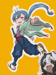 Rule 34 | 1boy, 1girl, @ @, alternate hair length, alternate hairstyle, black eyes, black hair, blue eyes, blue hair, cosplay, hair between eyes, hair ribbon, hakama, hakama pants, hands on own cheeks, hands on own face, highres, houjou tokiyuki (nige jouzu no wakagimi), houjou tokiyuki (nige jouzu no wakagimi) (cosplay), japanese clothes, kariginu, long hair, long sleeves, looking at viewer, made in abyss, maruruk, mitsu uroko, multicolored hair, nige jouzu no wakagimi, open mouth, orange background, orange ribbon, outline, ozen, pants, ponytail, puff of air, red sash, ribbon, running, saliva, sandals, sash, sheath, simple background, smile, socks, solo focus, streaked hair, sword, teeth, upper teeth only, wavy mouth, weapon, white outline, white socks, wide sleeves, ximu shilang, yellow pupils
