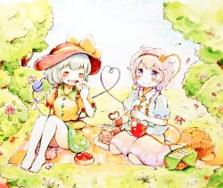 Rule 34 | 2girls, barefoot, bird, blue shirt, blush, bow, buttons, cat, closed eyes, closed mouth, commentary request, diamond button, eating, eyeball, floral print, flower, food, frilled shirt collar, frilled sleeves, frills, green hair, green skirt, hair ornament, hairband, hat, hat bow, heart, heart button, heart hair ornament, heart of string, kaenbyou rin, kaenbyou rin (cat), komeiji koishi, komeiji satori, multiple girls, multiple tails, open mouth, outdoors, picnic, picnic blanket, pink hair, pink skirt, print skirt, puffy short sleeves, puffy sleeves, purple eyes, red flower, red rose, reiuji utsuho, reiuji utsuho (bird), ribbon-trimmed collar, ribbon trim, rose, rose print, sandwich, seiza, shiro tsugumi, shirt, short sleeves, siblings, sisters, sitting, skirt, smile, tail, third eye, toes, touhou, traditional media, tree, two tails, yellow bow, yellow shirt