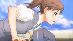 Rule 34 | 050411285aura, 10s, 1girl, bad id, bad pixiv id, bag, bicycle, blurry, blush, brown eyes, brown hair, cloud, day, depth of field, female focus, leaning forward, open mouth, ponytail, profile, sakai wakana, school bag, school uniform, sky, solo, tari tari