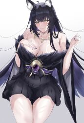 1girl absurdres animal_ear_fluff animal_ears azur_lane bare_shoulders black_hair black_kimono breasts cleavage facial_mark fox_ears fox_girl fox_tail fur-trimmed_kimono fur_trim gem hand_on_own_chest highres huge_breasts japanese_clothes jewelry kimono kitsune kuro_artis_(kuru-kuru) kyuubi long_hair looking_at_viewer low_neckline magatama magatama_necklace multiple_tails musashi_(azur_lane) necklace purple_gemstone purple_hair skirt_under_kimono tail very_long_hair whisker_markings yellow_eyes
